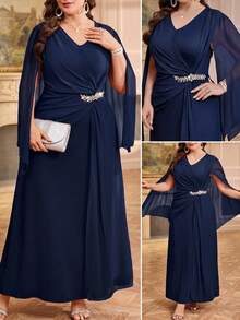 Reflora Plus Size Elegant Party Rhinestone Decorated Dress Fall - Navy Blue - View 4