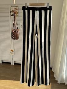 Comfortcana Plus Size Spring/Autumn Crochet Striped Vintage Sweater Pants Halloween - Black and White - View 2
