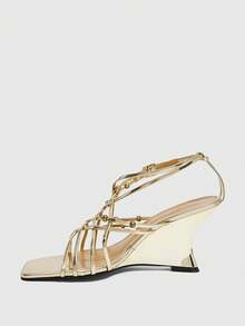 CUCCOO SZL Spring And Summer Rivet Braided Buckle Design Square Toe Slope Heel Light Luxury Gold Backspace High Heel Sandals Party Dinner Fall Shoes - Gold - View 4