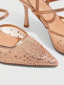 CUCCOO SZL Women's Nude Slingback Pumps With Pointed Toe Rhinestone Mesh Upper And High Stiletto Heel For Party - Champagne - View 5