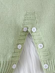 SHEIN 女嬰針織連身衣毛衣，柔軟方領法式荷葉邊甜美可愛綠色與杏色拼接電腦刺繡重工精緻嬰兒連身褲，適合春秋冬季居家休閒派對旅行度假 - 綠色 - 查看 3