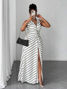 SHEIN CURVE+ Váy len dệt kim sọc thiết kế xoắn cỡ lớn dành cho nữ - Đen và trắng - Xem 4