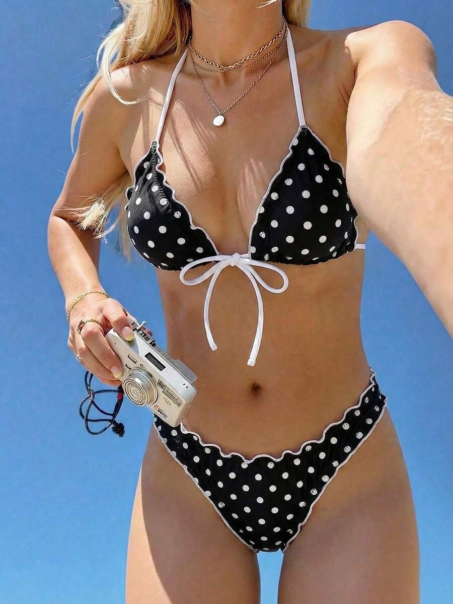 Swim Mod 女士夏季波点印花性感绑带蝴蝶结比基尼两件套泳衣沙滩度假套装 - 黑與白 - 查看 1