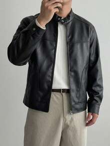 DAZY Men's Solid Black PU Jacket And Coat, Suitable For Spring And Autumn - Black - View 3