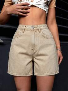 SHEIN PETITE 女款休閒街頭風水洗牛仔短褲 旅行卡其色 夏季 - 卡其色 - 查看 5