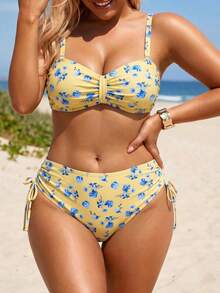Swim Lushoire Set Bikini Bandeau Wanita Ukuran Plus Terbaru Musim Panas 2026 dengan Motif Manis dan Lucu, 2 Potong, Dilengkapi Bawahan Segitiga Berpinggang Tinggi dan Detail Kerut di Samping. - Kuning - View 5