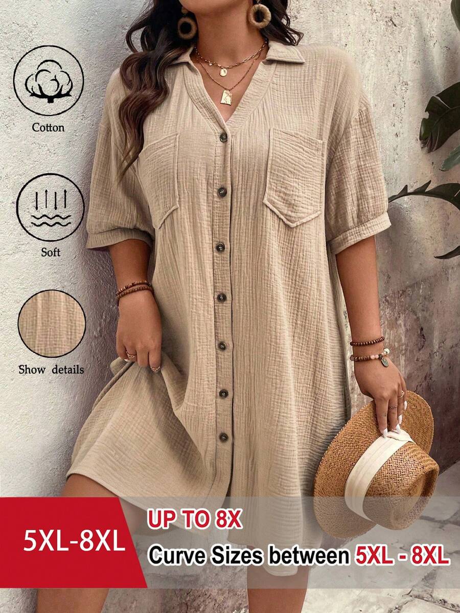 SHEIN CURVE+ 大尺碼女款優雅柔軟波西米亞風休閒正式婚禮純棉素色鈕扣開襟泡泡袖V領翻領夏季中長洋裝 米色 - 駝色 - 查看 1