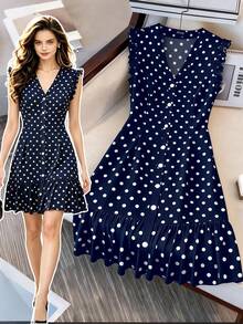 SHEIN LUNE CURVE Plus Size V-Neck Casual Dress, Elegant & Versatile For Daily, Vacation, Wedding, Party, Slimming & Flattering - Navy Blue - View 1