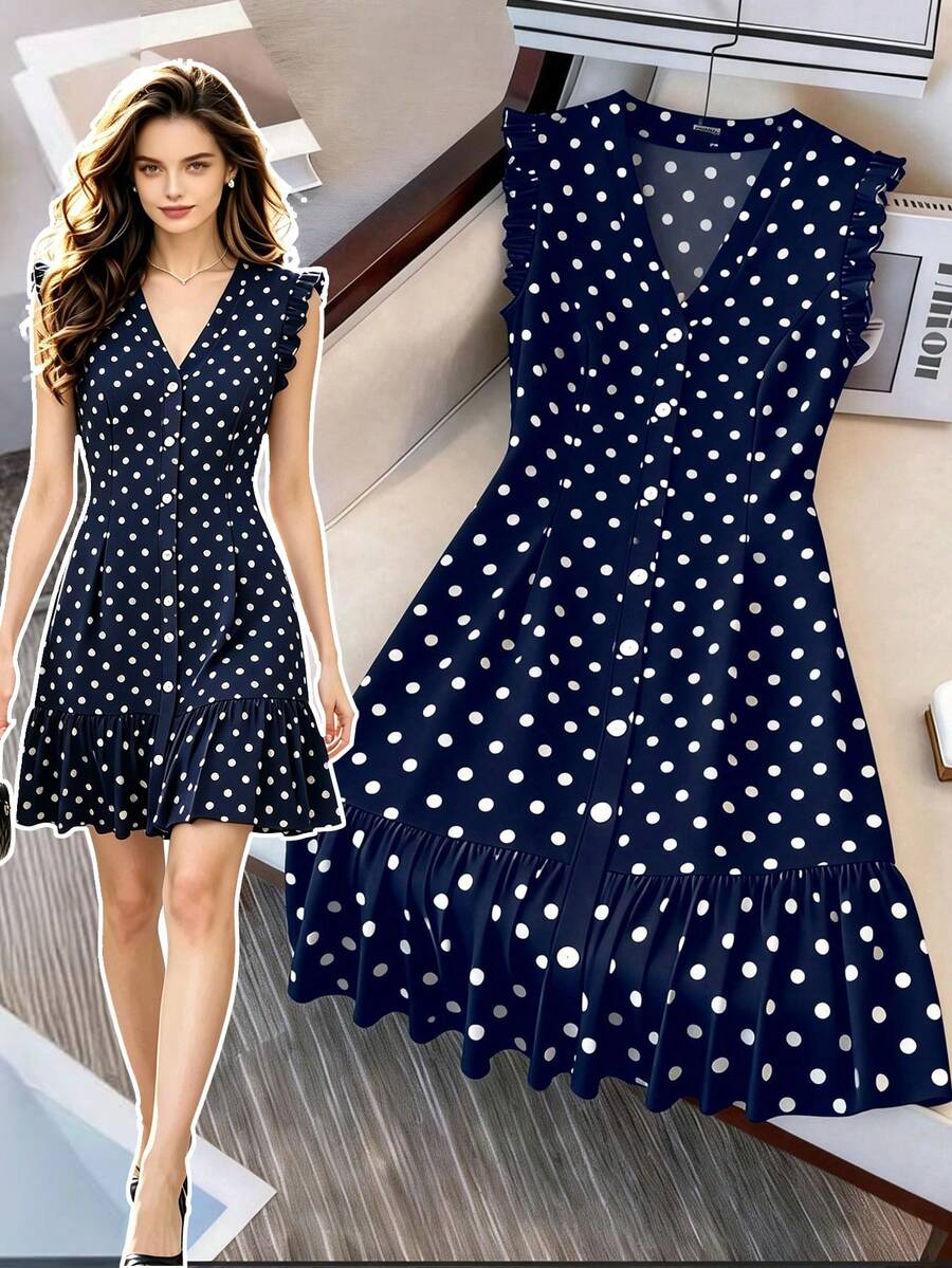 SHEIN LUNE CURVE Plus Size V-Neck Casual Dress, Elegant & Versatile For Daily, Vacation, Wedding, Party, Slimming & Flattering - Navy Blue - View 1