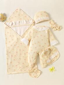 SHEIN 6件組新生女嬰禮品套裝，可愛甜美淺黃色蝴蝶結印花蕾絲飾邊荷葉邊連腳長袖V領常規款，秋季派對穿著，Katseye 舒適時尚風 - 杏色 - 查看 3