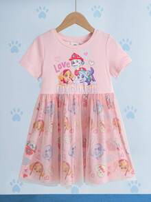 SHEIN | PAW Patrol Gaun Lengan Pendek Anak Perempuan dengan Motif Kartun dan Detail Jala Kontras di Bagian Bawah - Berwarna merah muda - View 3