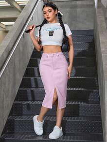 SHEIN Privé 女款高腰口袋開衩下擺休閒牛仔裙 - 淡紫色 - 查看 5