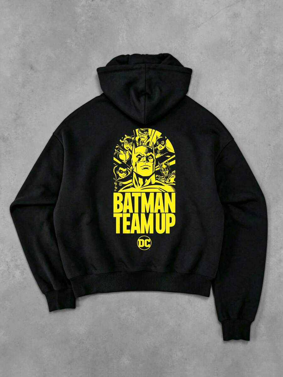 BATMAN X SHEIN Manfinity EMRG 男士卡通字母印花連帽衛衣 - 黑色 - 查看 1