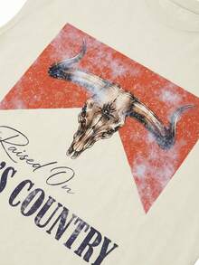 Rovax Men's Sleeveless Cropped Tank Top, Printed With Bull Skull Pattern And 90s Country Music Slogan,Wear Alone In Summer With Distressed Long Pants - Khaki - View 6