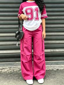 青少年女孩休閒街頭風數位印花T恤 + 工裝褲 2件套，舒適版型方便活動，時尚街頭元素，適合校園通勤、週末出遊、日常穿著與春季場合 - 彩色 - 查看 1