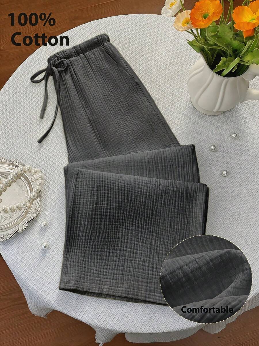 Elamini 女款夏季白色純色休閒百搭長褲,抽繩腰頭口袋設計,純棉可追溯棉料,舒適寬鬆百搭長褲 - 深灰色 - 查看 1