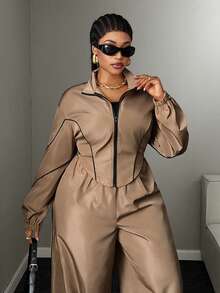 Mawevolt Plus Size Women's Colorblock Zipper Long Sleeve Jacket And Pants Casual Everyday 2 Pieces Set Fall - Khaki - View 2
