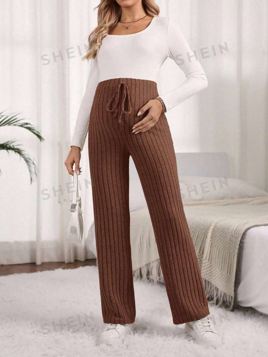 SHEIN 孕妇休闲日常通勤纯色罗纹扭纹可调节腰部直筒裤 - 巧克力棕 - 查看 1