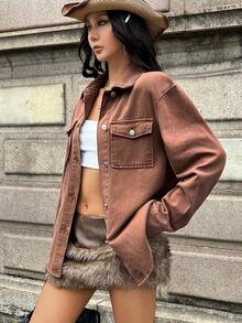 Jeanoix Jaket Denim Wanita dengan Kerah Lipat dan Saku Tempel - Coklat - View 5