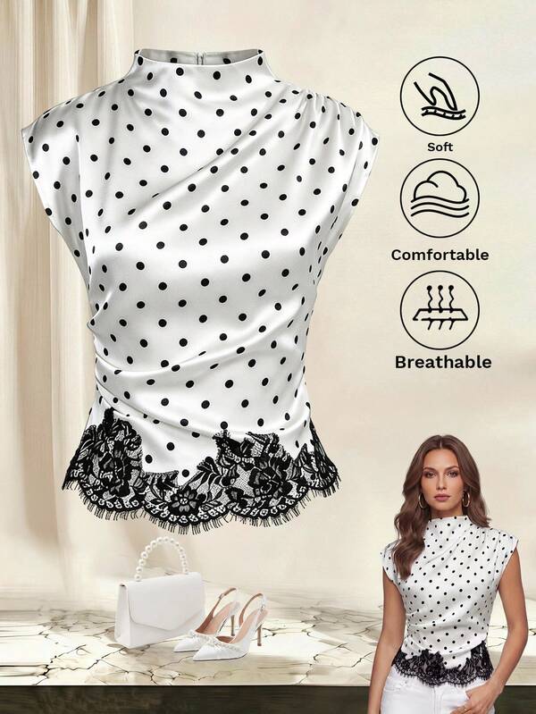 Yalmera Women's White With Black Polka Dots Stand Collar Asymmetric Ruffle Lace Splice Elegant Casual Summer Office Commute Daily Blouse Top