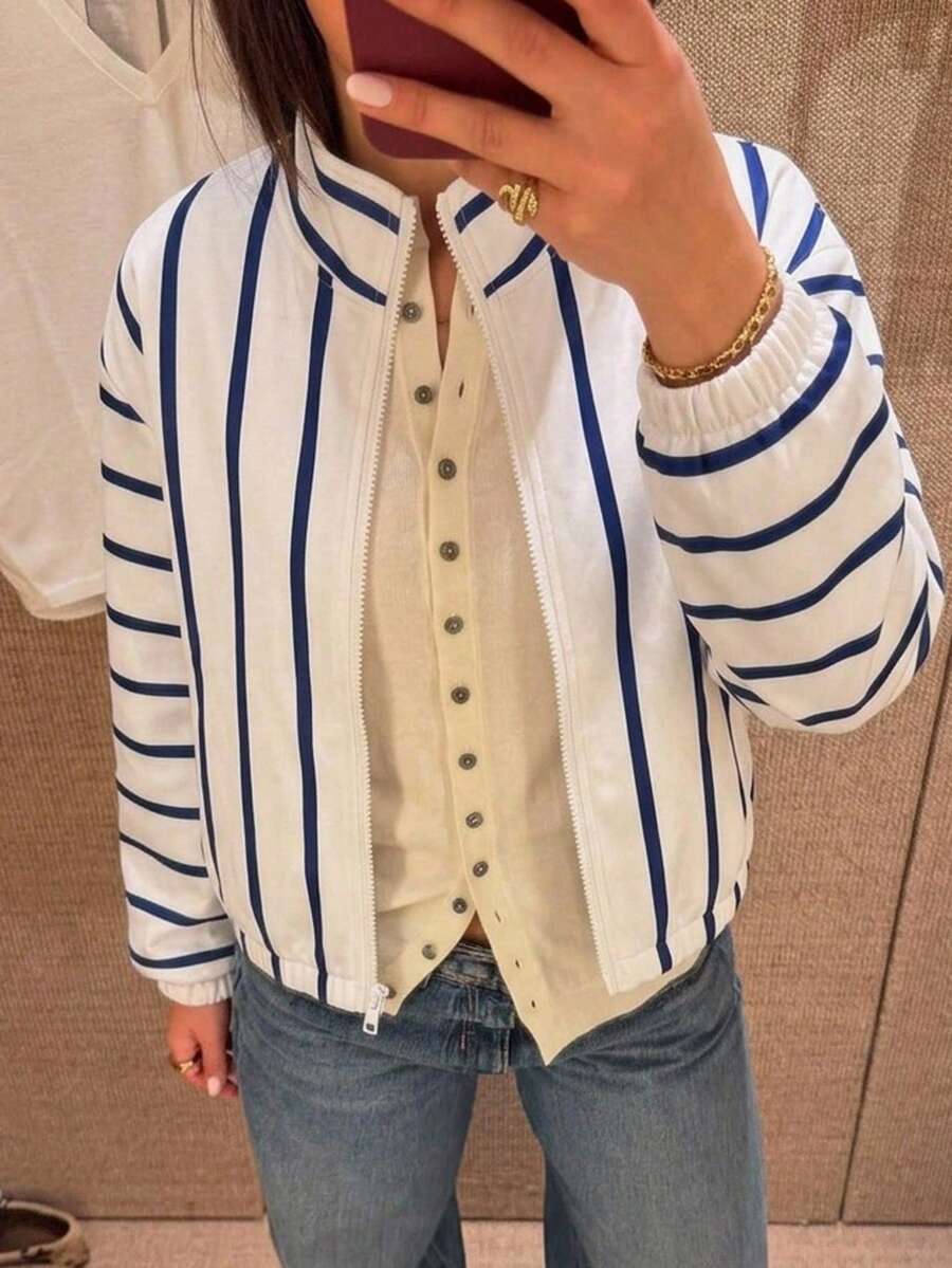 SHEIN LUNE 女款印花拉鍊彈性長袖休閒連帽衛衣外套,秋冬款 - 彩色 - 查看 1