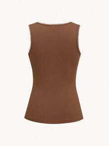 SHEIN EZwear 2件裝復古休閒拼色方領細肩帶背心上衣，極簡百搭無袖修身針織 T-shirt，米色深棕色夏季款 - 彩色 - 查看 10