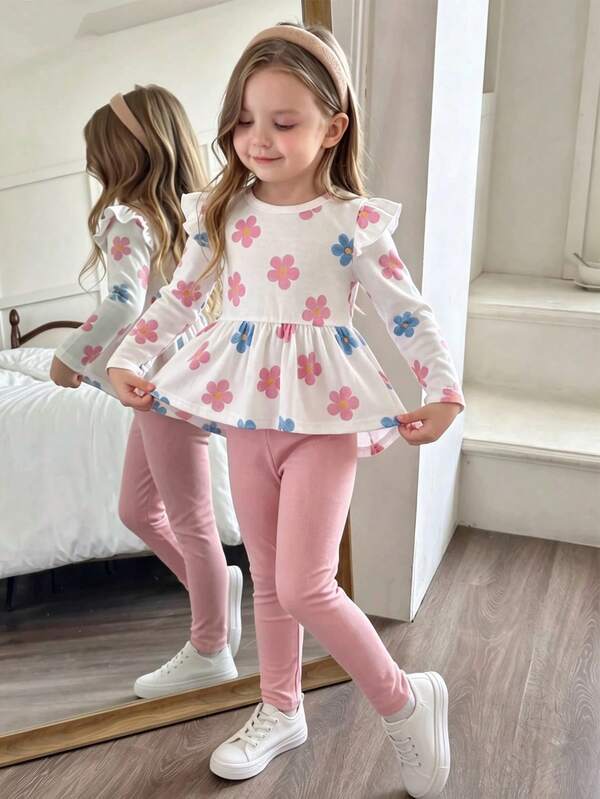 SHEIN Top asimétrico acanalado con estampado floral y mangas acampanadas, con pantalones lisos de color rosa, elegante, lindo y cómodo, adecuado para salidas, primavera, verano y otoño