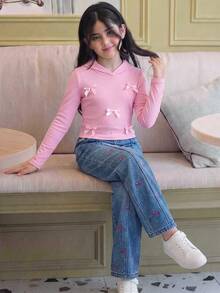 SHEIN 少女 2 件組純色粉色抽繩連帽上衣與寬腿褲套裝，休閒春季/秋季穿著 - 粉色 - 查看 1
