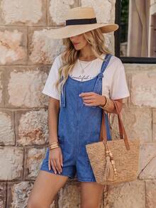 Breezaya Women's Solid Color Pocket Casual Sleeveless Denim Jumpsuit Vacation Blue Summer - Blue - View 3