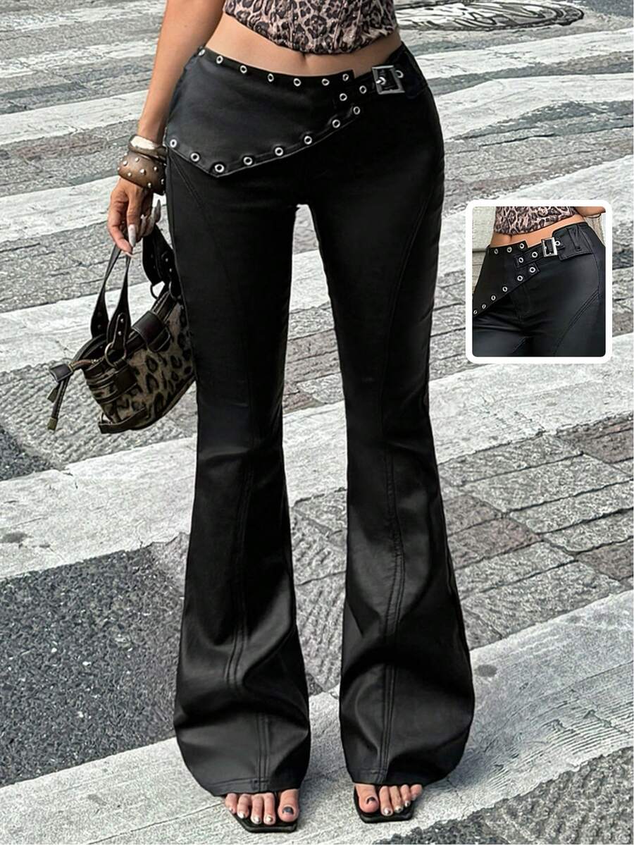Jeanoix Y2K Women's Fashion Low Waist Skinny Flare Pants - Black - View 1