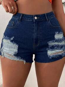 ROMWE 大尺碼破舊設計百搭高彈力顯瘦性感迷你牛仔短褲 黑色百搭款 - 藍色 - 查看 2
