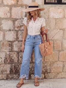 EMERY ROSE Women's Casual Distressed Raw Hem Washed Denim Jeans - Light Wash - View 3