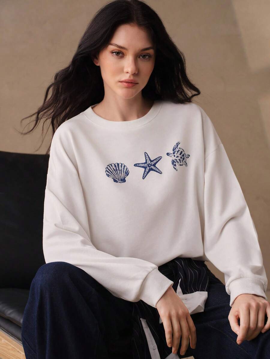 Anewsta Sudadera de cuello redondo de manga larga con estampado de patrón de concha y remaches para mujer - Blanco - Ver 1