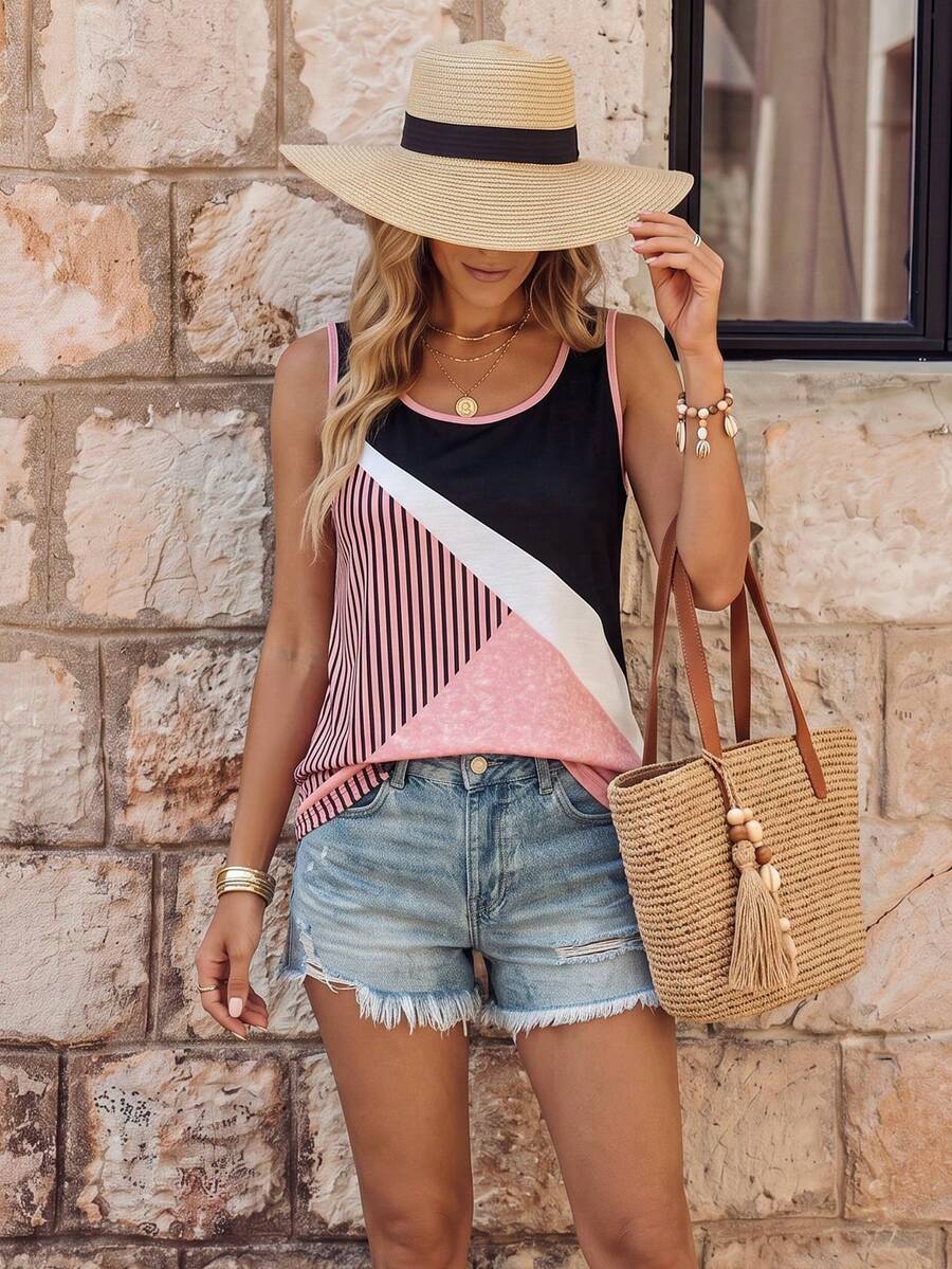 EMERY ROSE Fashion Casual Retro Color Block Striped Print Basic U-Neck Women's Tank Top - Multicolor - View 1