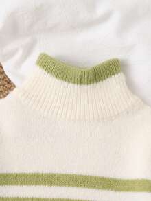 SHEIN 可愛卡通刺繡嬰兒圓領長袖套頭毛衣 休閒日系可愛風 綠色與白色條紋 秋季家庭款 - 彩色 - 查看 3