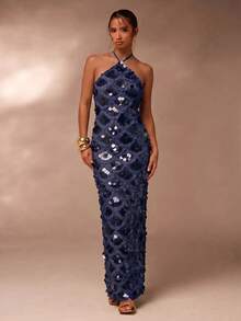 Glamine Women's Solid Color Sequin Glamorous Fitted Halter Neck Dress - Navy Blue - View 7