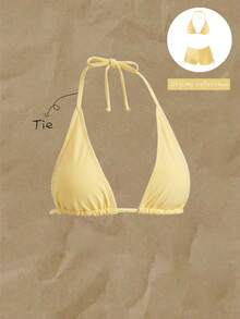 Elavelle Women's Spring/Summer Solid Color Halter Bikini Top - Yellow - View 6