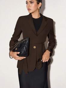 Heiryn Women Solid Color Lapel Long Sleeve Side Knot Blazer Back To School In Fall/Winter - Chocolate Brown - View 4