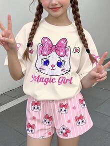 少女休閒簡約可愛亮面紋理卡通小貓圖案，粉色蝴蝶結，奶油粉白格紋，短袖短褲兩件套，適合夏季，圖案、卡哇伊、Y2K、舒適，女孩套裝 - 彩色 - 查看 2