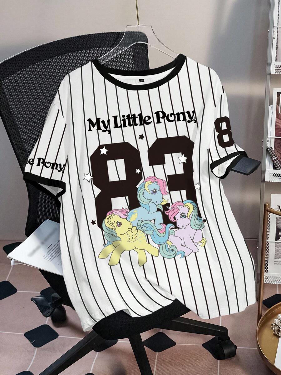 My Little Pony X SHEIN 大尺碼女款標語條紋印花圓領短袖休閒T恤 - 白色 - 查看 1