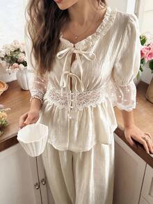 Snug Reverie Lace Trim Patchwork Lantern Sleeve Hollow Out Women's Pajama Set Home Sleep White Autumn Kawaii Elegant - Champagne - View 4