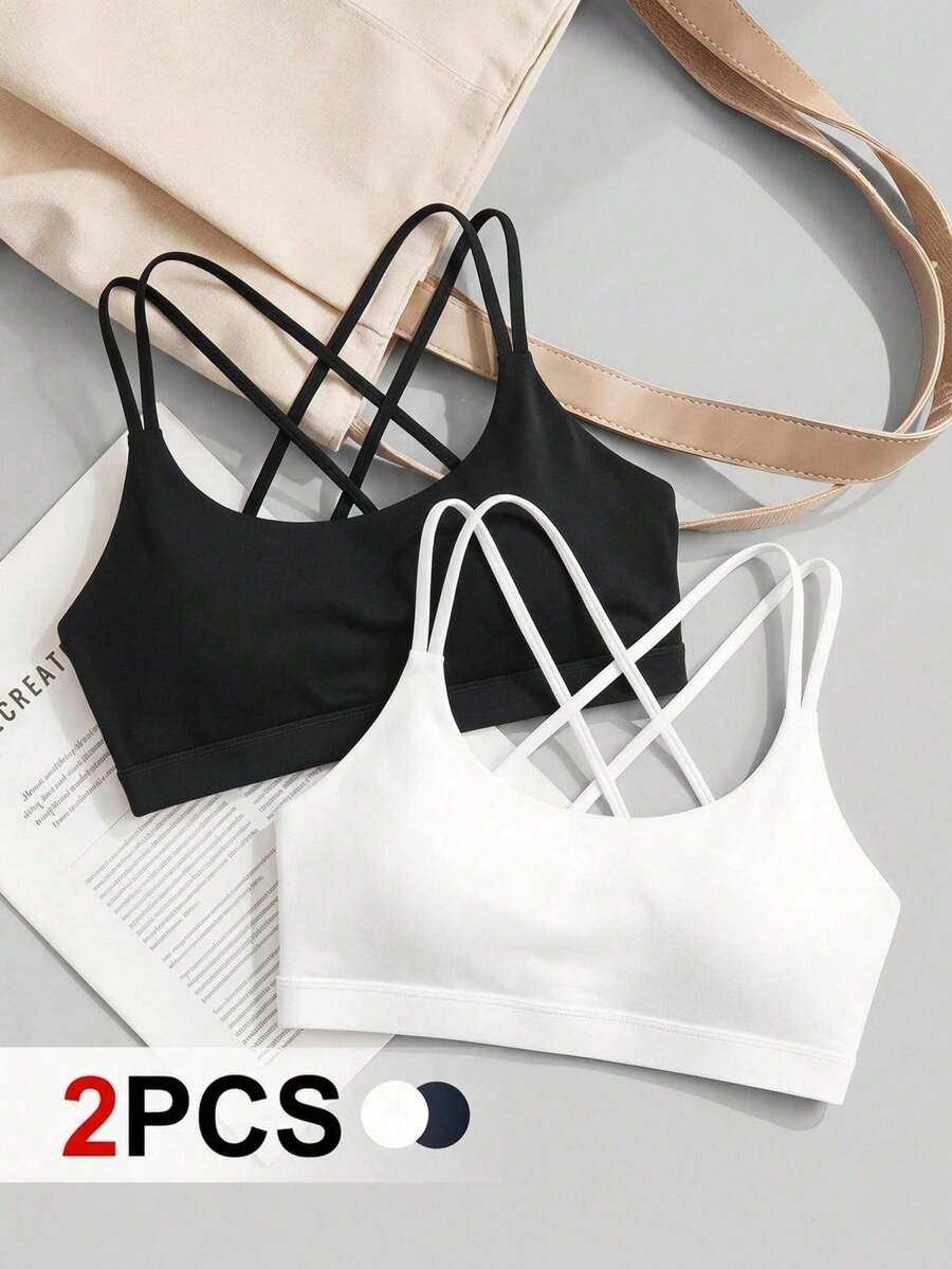 SHEIN Cheerettes حمالة صدر رياضية للنساء ذات لون أحادي وظهر متقاطع للياقة البدنية اليومية - متعدد الألوان - مشاهدة 1