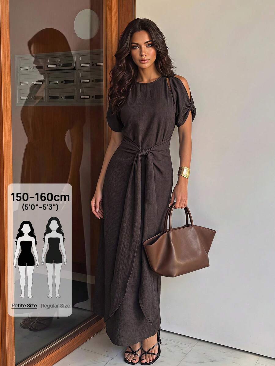 SHEIN PETITE Spring/Summer 2026 Basics Casual Elegant Vacation Cruise Travel Beach Brunch Seaside Commuting Round-Neck, Cap Sleeves, Front Tie-Up Dress, Dark Brown - Brown - View 1
