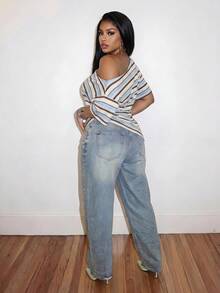 Slaydiva Contrast Stripe Y2K Asymmetric Shoulder Plus Size T-Shirt - Multicolor - View 2