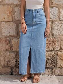 Rivivi Women's Fashionable Simple High Waist Slim Fit Split Denim Midi Skirt - Blue - View 3