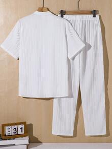 SHEIN 2件組青少年男孩寬鬆對比色圖案印花 Polo 領短袖針織上衣套裝，休閒風 - 白色 - 查看 3