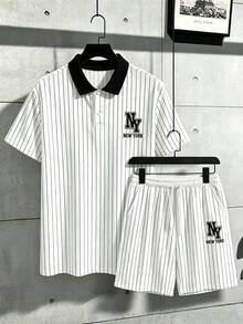 Manfinity Roghcode Men's Striped Letter Print Polo Shirt & Shorts Set - Multicolor - View 4