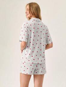 EURMUSE Cotton CURVE PLUS Women 2 Pcs Heart Pattern With Button Front Detail Short Sleeved Shirt%Shorts Homewear Comfort Pajama Set For Ladies - Multicolor - View 2