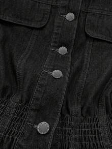 SHEIN MOD Atasan Denim Kasual Harian Wanita Ukuran Plus dengan Kancing Tunggal - Hitam - View 3