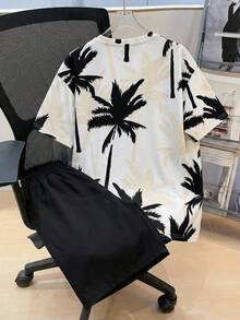 SHEIN 2件組兒童青少年男孩休閒日常百搭舒適黑色印花圓領寬鬆套頭短袖T恤短褲針織套裝，適合春夏，適合戶外玩耍、上學、街頭風、派對及居家休閒短褲上衣夏季上衣夏季套裝 - 黑色 - 查看 3